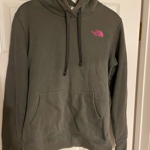North Face Sweatshirt Hoodie. Gray/green with hot pink logo. Womens Medium